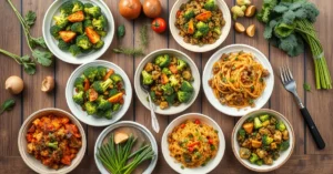 Overhead flat lay composition of five colorful broccoli dishes on wooden table, various cooking styles displayed, fresh ingre