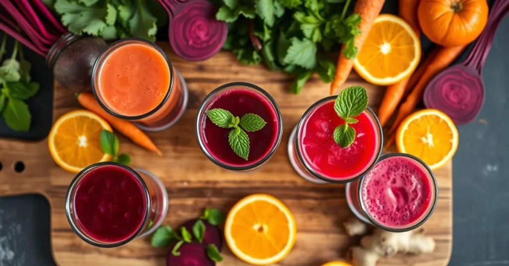 Overhead flat lay composition with five glasses of colorful beet detox juices, fresh beetroot, carrots, oranges, mint, ginger
