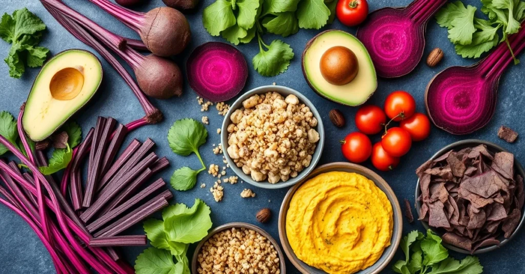 Overhead flat lay of colorful beet recipes spread, vibrant purple magenta beets, fresh ingredients, quinoa hummus avocado, he