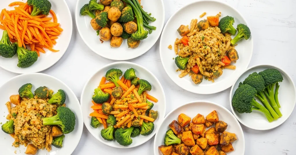 Overhead flat lay of five different broccoli dishes displayed on white plates, colorful and appetizing, food photography styl