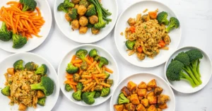 Overhead flat lay of five different broccoli dishes displayed on white plates, colorful and appetizing, food photography styl