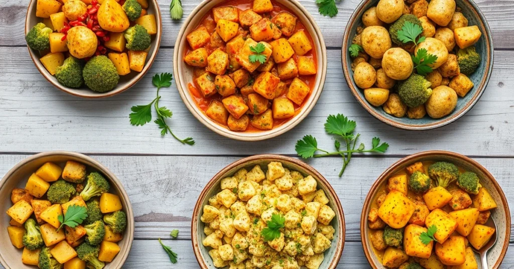 Overhead flat lay of five different colorful broccoli and potato dishes arranged on rustic table, curry bowls, gratins, salad