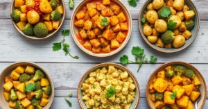 Overhead flat lay of five different colorful broccoli and potato dishes arranged on rustic table, curry bowls, gratins, salad