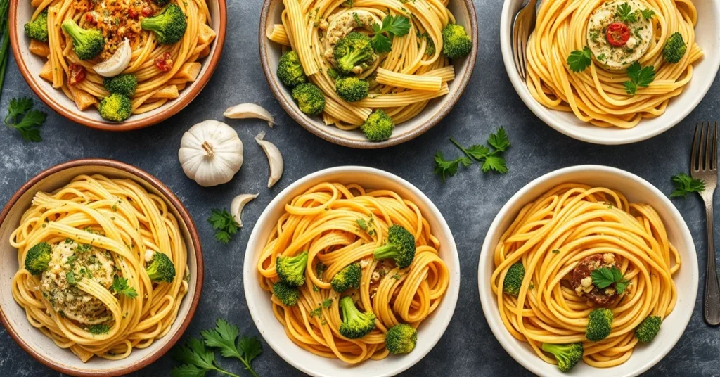 Overhead flat lay of five different delicious pasta bowls with broccoli, Italian cuisine, fresh ingredients, garlic, herbs, p