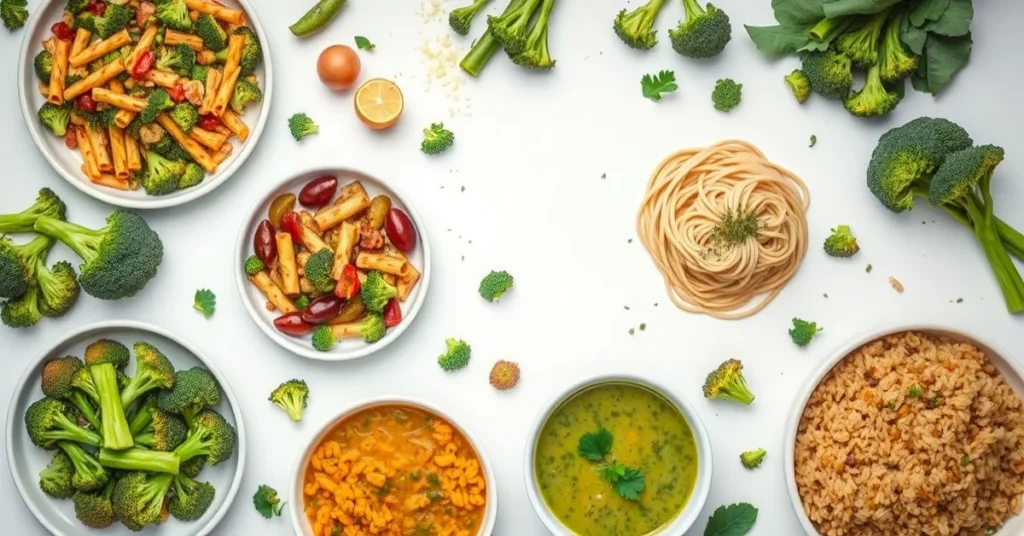 Overhead flat lay of five quick broccoli recipes: stir-fry, pasta, roasted, soup, and fried rice arranged beautifully on whit