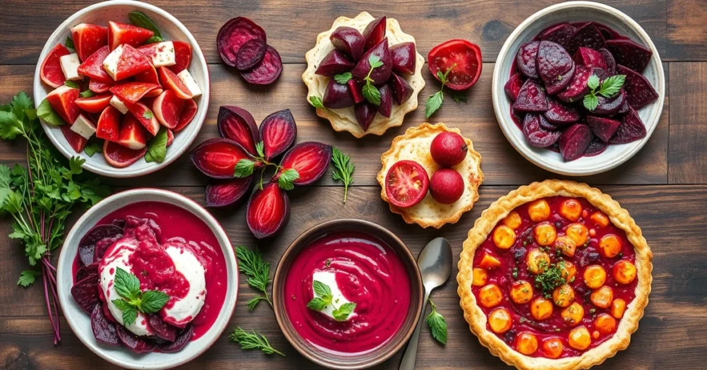 Overhead flat lay of seven beet and cheese recipes displayed together. Colorful array showing salad, carpaccio, tartines, roa