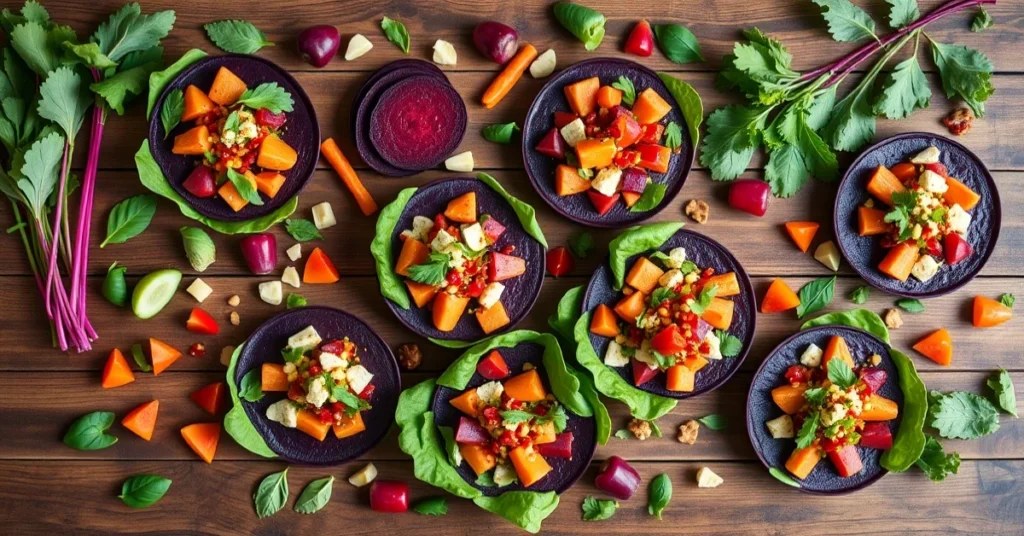 Overhead flat lay of seven colorful beet salads with various toppings, vibrant reds purples oranges, fresh ingredients scatte