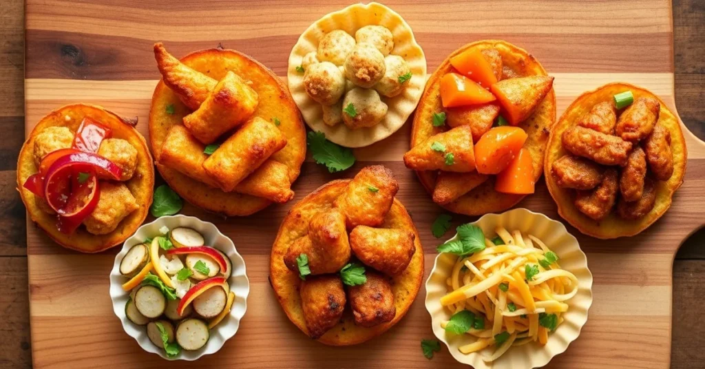 Overhead flat lay of seven different air fryer snacks appetizers arranged beautifully, colorful variety, professional food ph