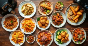 Overhead flat lay of seven different airfryer recipes on wooden table, colorful dishes, natural lighting, culinary food photo