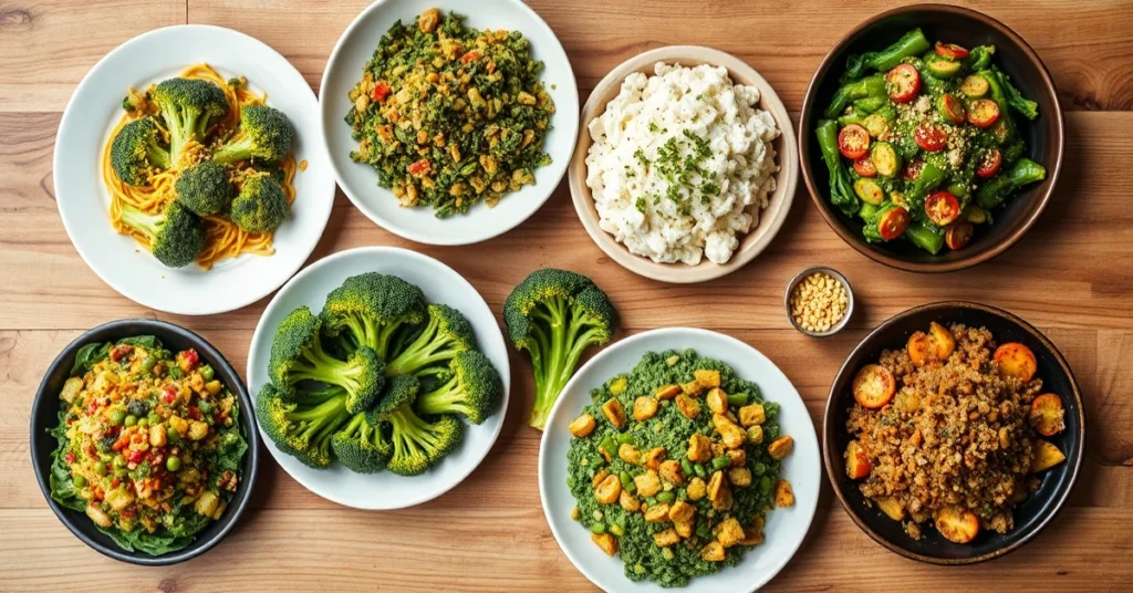 Overhead flat lay of seven different broccoli dishes, colorful variety, professional food styling, natural daylight, wooden t