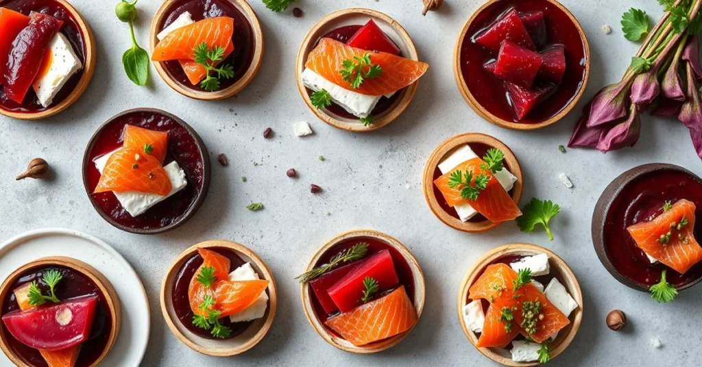 Overhead flat lay of seven diverse beet appetizers: verrines and bites, vibrant red colors, goat cheese, salmon, fresh herbs,
