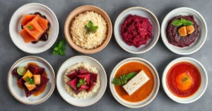 Overhead flat lay of seven gourmet beet dishes including gravlax, risotto, terrine and soup, professional culinary photograph