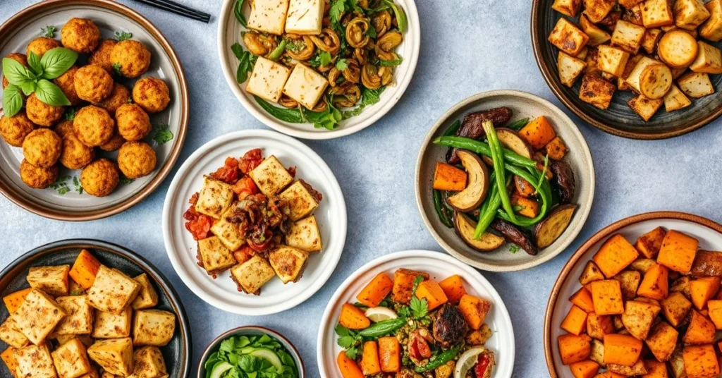 Overhead flat lay of seven vegetarian airfryer recipes, diverse colorful dishes, falafels, roasted vegetables, halloumi, swee