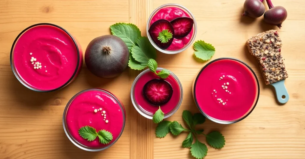 Overhead food photography of five colorful beet baby recipes, purées, boulettes, soup, energy bars, vibrant pink red colors,