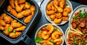 Overhead food photography of multiple air fryer dishes, golden crispy chicken wings shrimp vegetables, colorful dinner platin