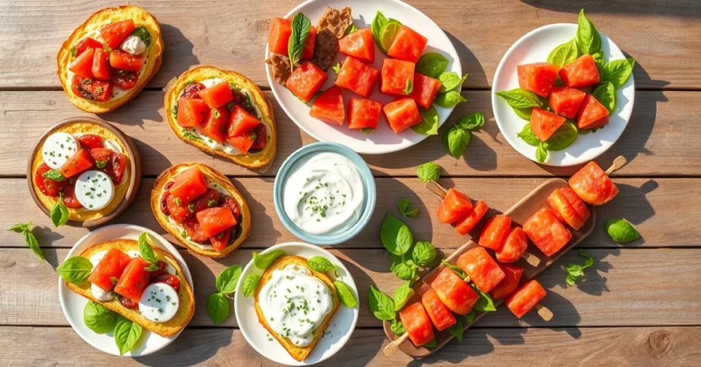 Overhead landscape flat lay of colorful summer appetizers spread on a wooden table, bruschetta verrines tzatziki watermelon s