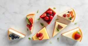 Overhead landscape flat lay of five assorted original cheesecake slices on marble surface, colorful toppings, fresh fruits an