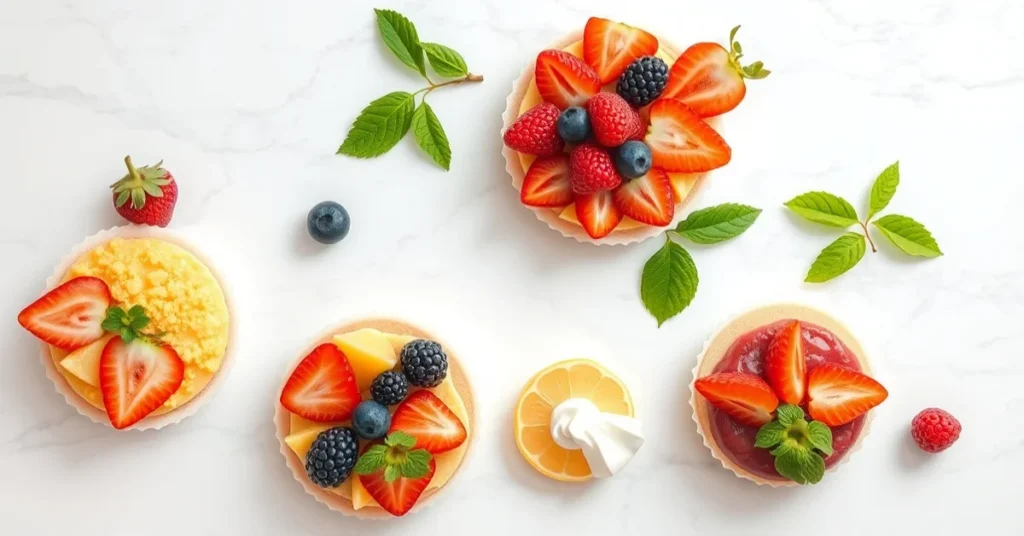 Overhead landscape flat lay of five colorful healthy summer desserts arranged on a white marble table, fresh fruits, vibrant