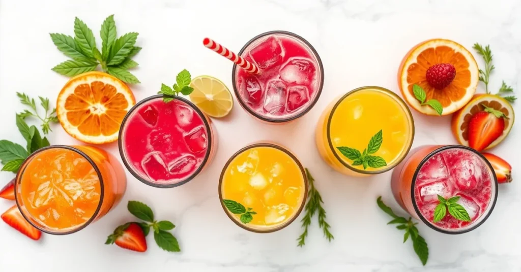 Overhead landscape flat lay of five colorful summer drinks and smoothies on a white marble surface, tropical fruits, fresh he