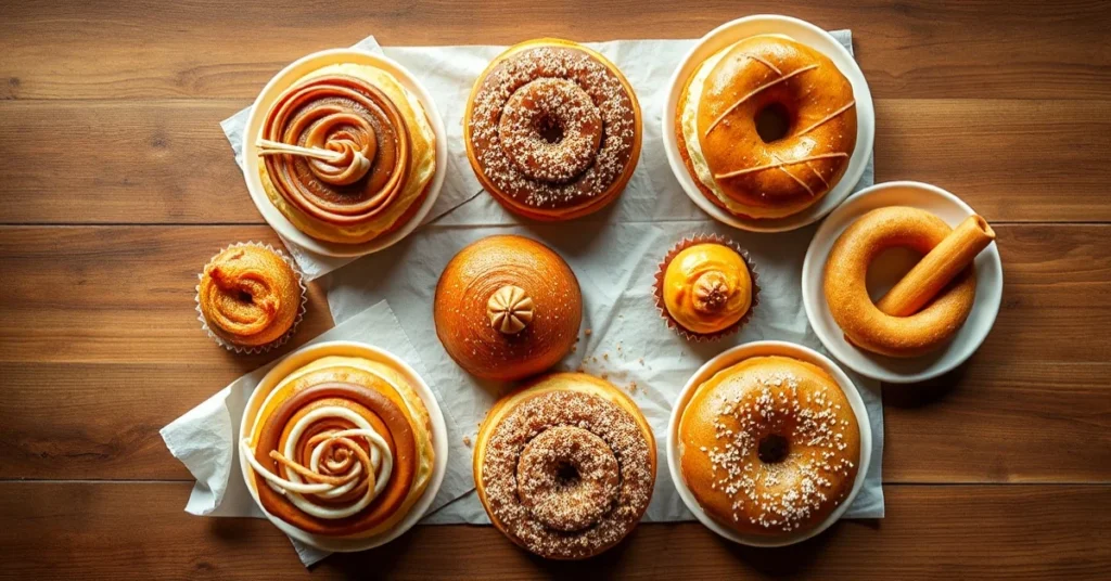 Overhead landscape flat lay of seven gourmet airfryer desserts arranged beautifully, cinnamon buns, donuts, pastries, churros