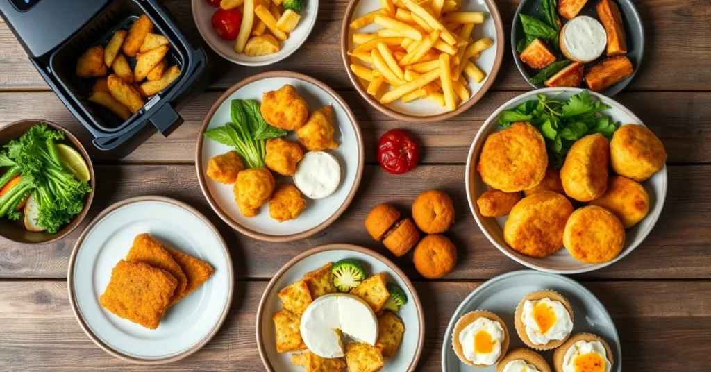 Overhead landscape flat lay of various air fryer dishes including fries chicken nuggets salmon vegetables muffins and melted