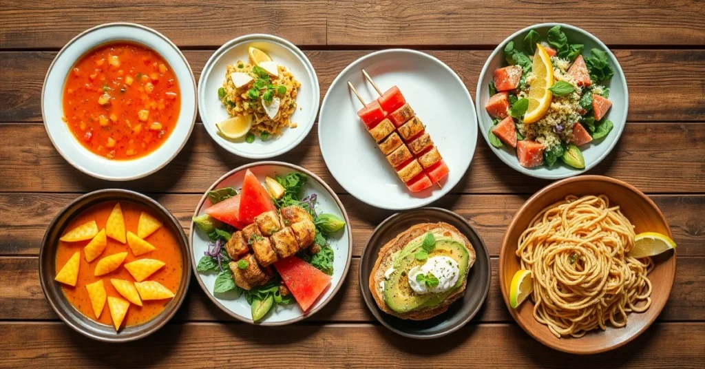 Overhead landscape food photo of five colorful summer dishes arranged on a wooden table, gazpacho, watermelon salad, chicken