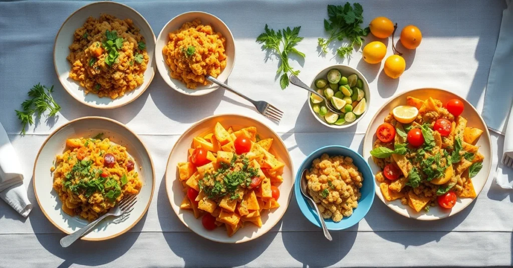 Overhead landscape food photo of five colorful summer main dishes arranged on a sunlit Mediterranean table with fresh herbs,