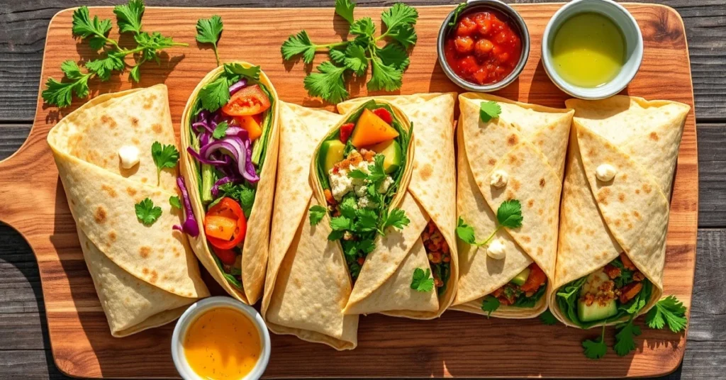 Overhead landscape food photo of five colorful summer wraps arranged on a wooden board with fresh herbs, vegetables and dippi