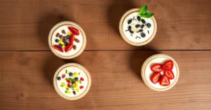 Overhead landscape food photo of five different no-bake cheesecake verrines on a rustic wooden table, colorful toppings, natu