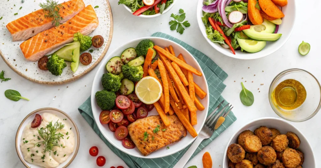 Overhead landscape food photo of healthy air fryer meals, salmon falafel sweet potato fries chicken vegetables, bright colorf