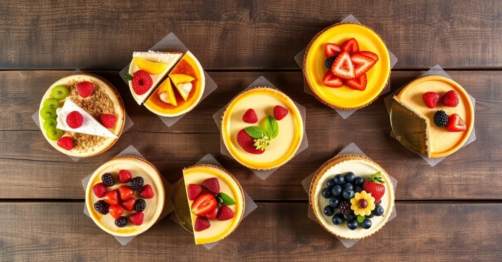 Overhead landscape food photo of seven different cheesecake varieties arranged beautifully on a rustic wooden table, colorful