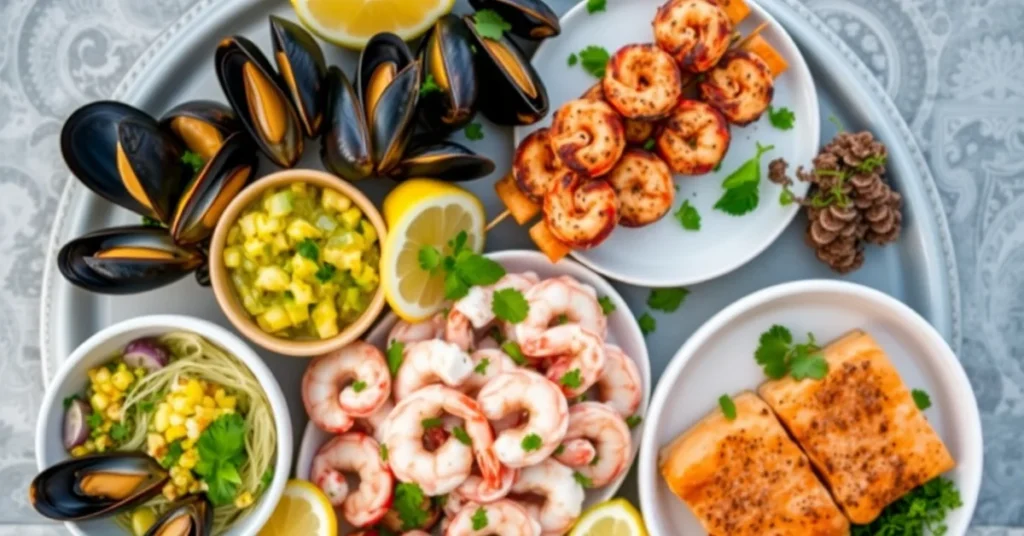 Overhead landscape food photo of summer seafood spread, ceviche, mussels, grilled shrimp skewers, octopus salad, salmon, fres