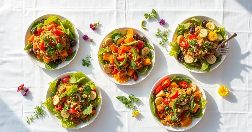 Overhead landscape food photography of five colorful summer salads spread on a white linen table with fresh vegetables, herbs