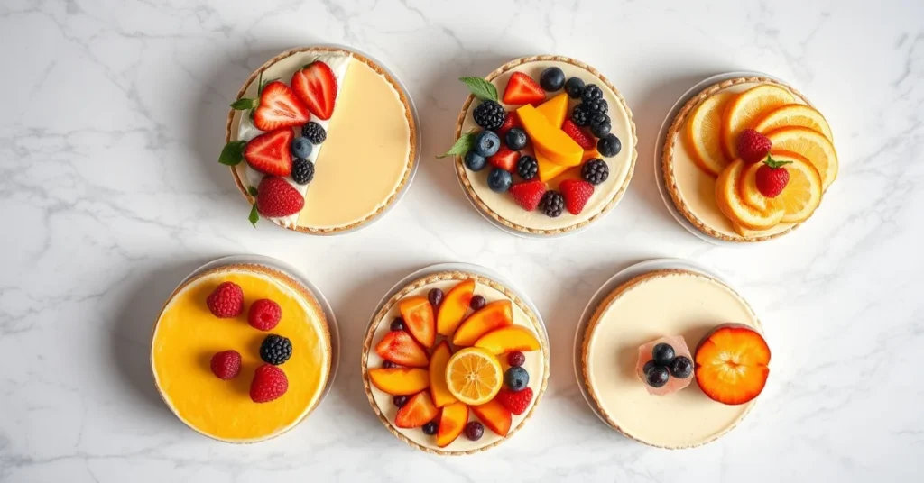 Overhead landscape food photography of five different fruit cheesecakes arranged on a marble table, strawberry lemon mango mi
