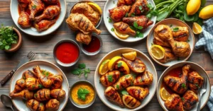 Overhead landscape photo of assorted summer BBQ chicken dishes on wooden table, grilled pieces, sauces, fresh herbs, lemon sl