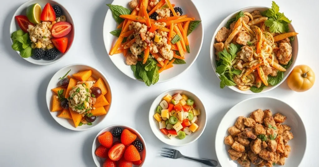 Overhead landscape photo of five healthy summer dishes arranged beautifully on a white table, colorful vegetables, fresh frui