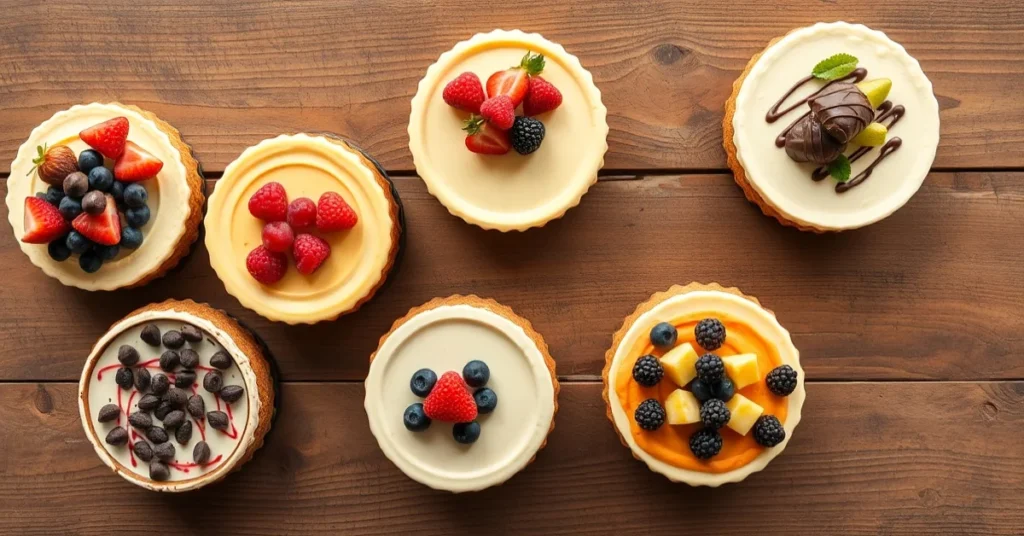 Overhead landscape photo of seven different no-bake cheesecakes displayed on a rustic wooden table, colorful toppings, fruits
