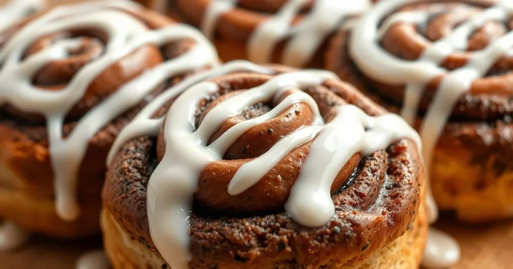 Overhead shot of freshly baked chocolate cinnamon rolls with creamy white frosting drizzle, golden brown swirls, close-up det