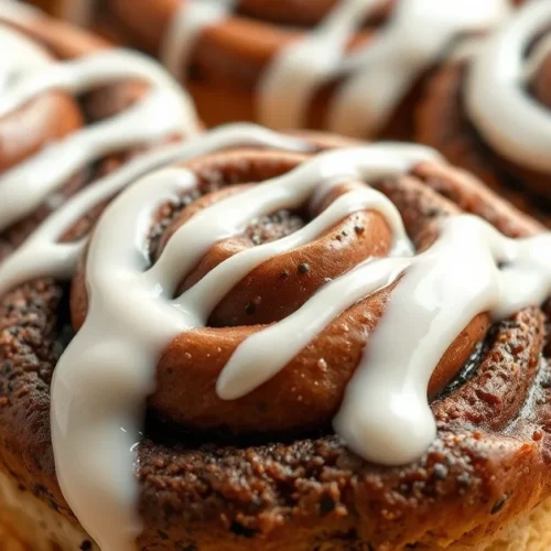 Overhead shot of freshly baked chocolate cinnamon rolls with creamy white frosting drizzle, golden brown swirls, close-up det