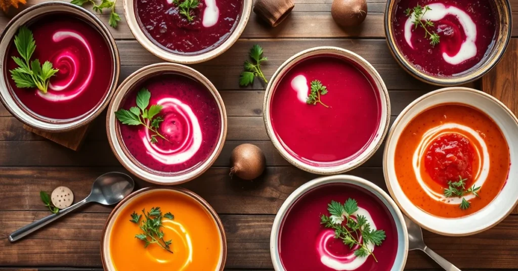 Overhead shot of seven steaming bowls of beet soup varieties, colorful arrangement, garnished with fresh herbs and cream, war