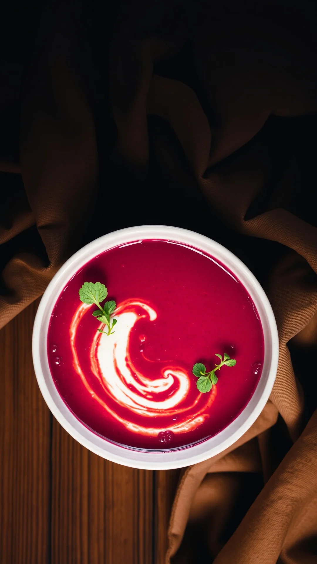 Overhead view of creamy beetroot ginger soup in white bowl, garnished with crème fraîche swirl, fresh herbs, warm ambient l