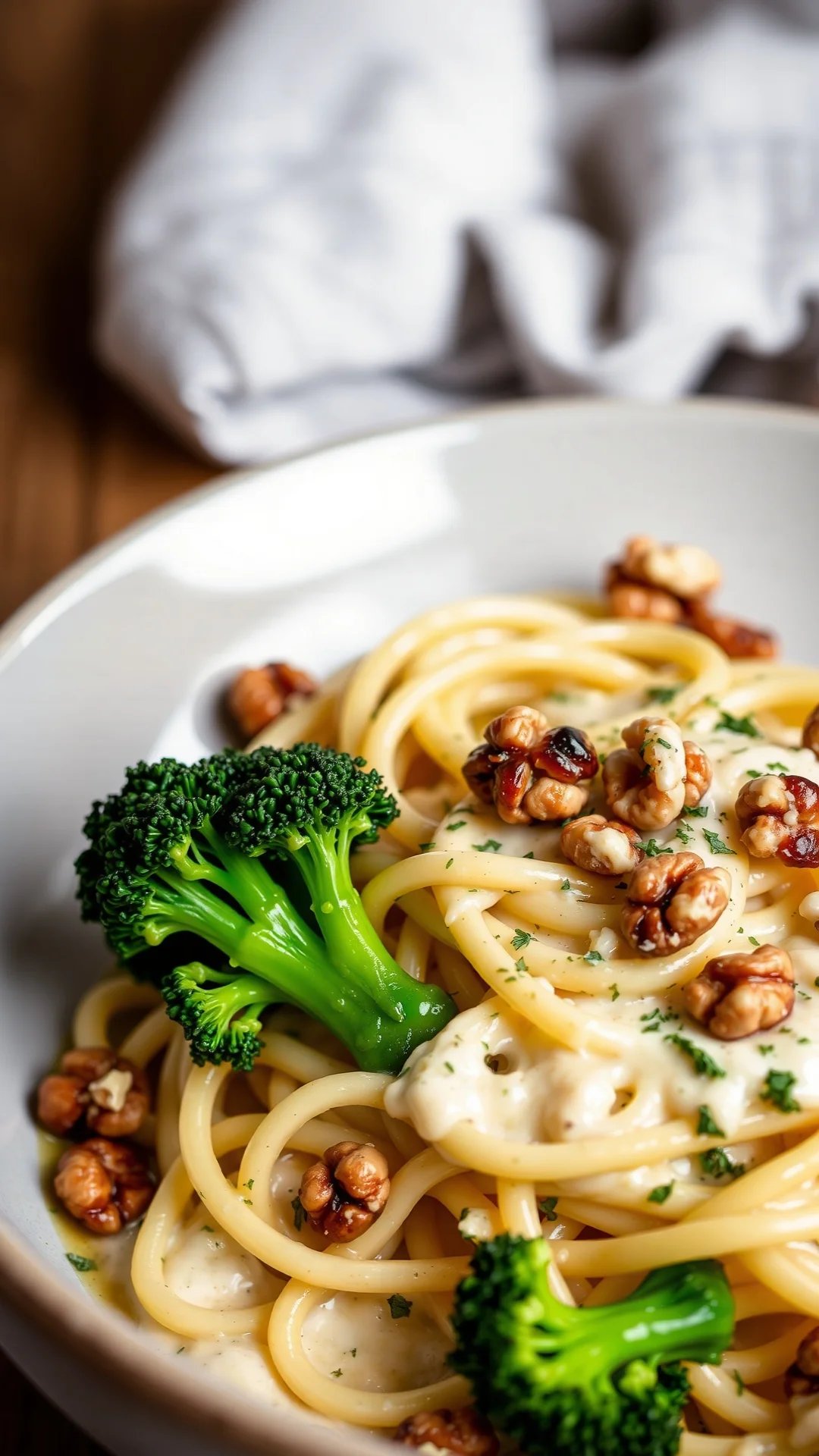 Pasta with toasted walnuts and fresh broccoli, creamy sauce, herbs, gourmet dish, soft lighting, food styling, professional p