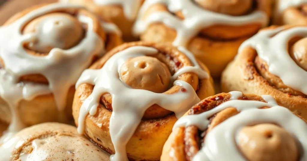 Perfect creamy cinnamon rolls icing frosting close-up on freshly baked rolls, white smooth glaze dripping, professional baker