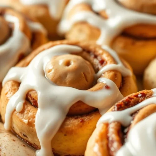 Perfect creamy cinnamon rolls icing frosting close-up on freshly baked rolls, white smooth glaze dripping, professional baker