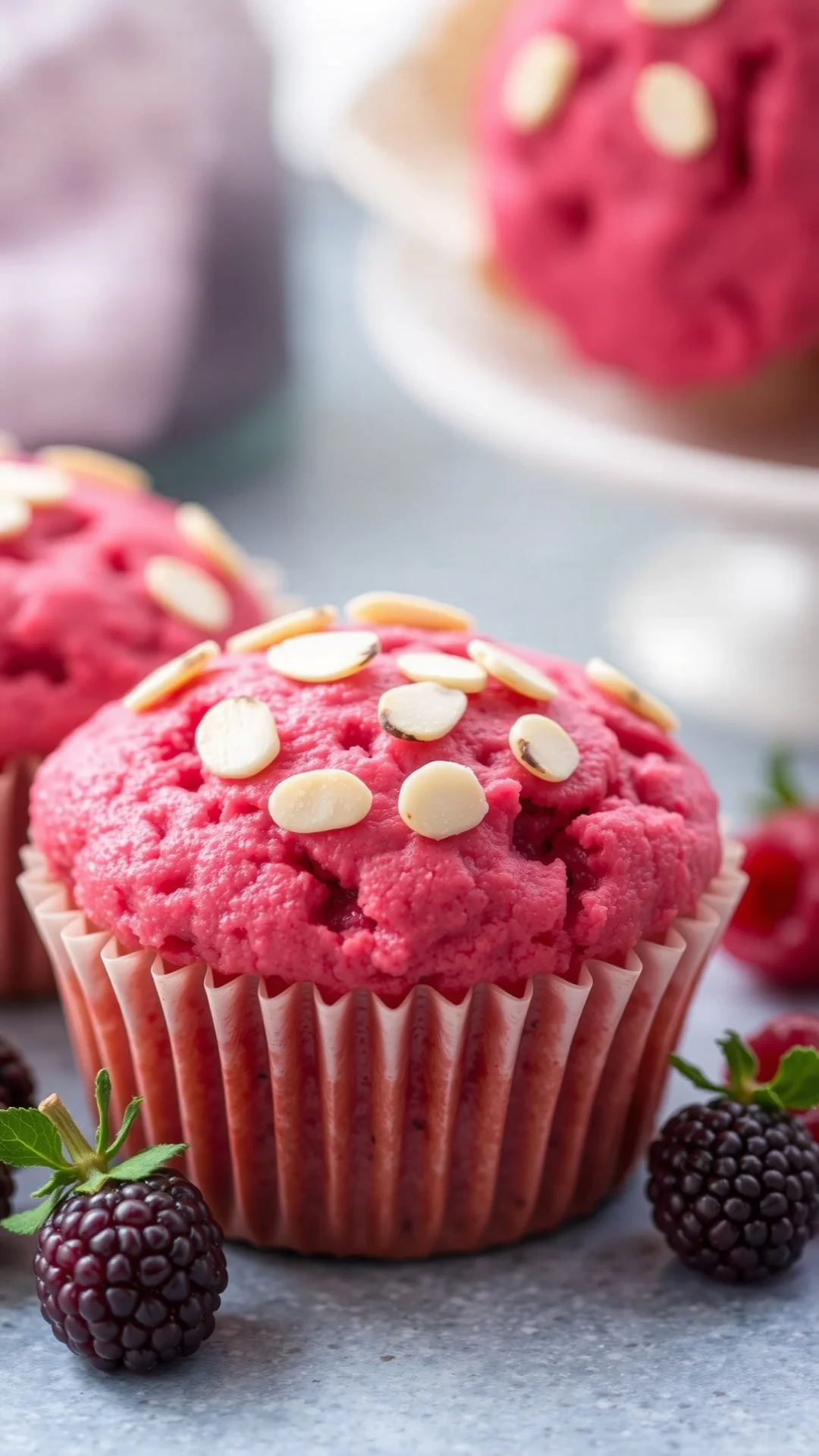 Pink beet and almond muffins with sliced almonds on top, muffin liner, warm natural light, close-up detail shot, fresh berrie