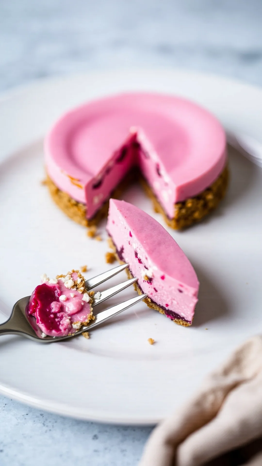 Pink layered beet and goat cheese cheesecake with crumb base, slice on plate, elegant presentation, fork ready to eat, soft d