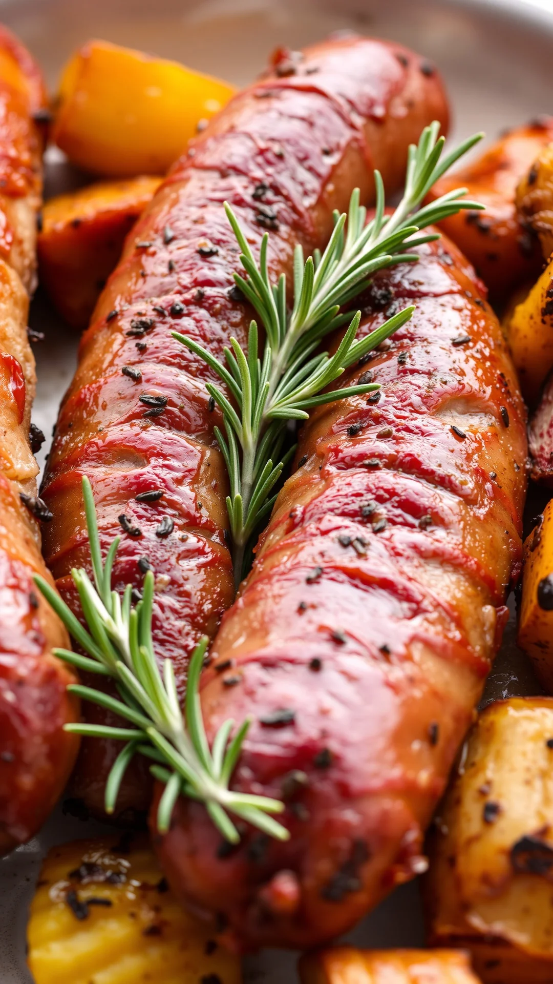 Platter of juicy grilled pork sausages with herbs, crispy exterior, steaming hot, fresh rosemary sprigs, side of roasted vege