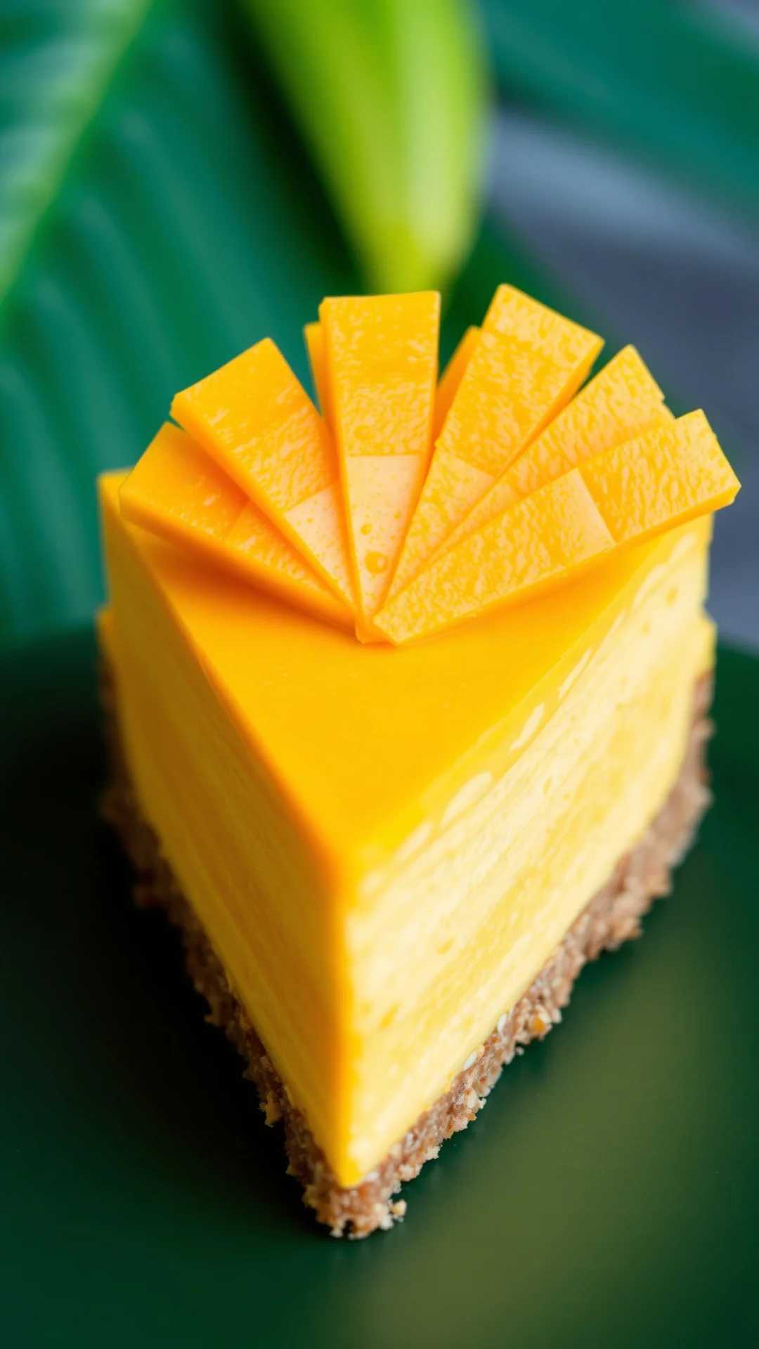 Portrait food photo of a mango cheesecake slice, tropical golden mango fan decoration on top, vibrant orange color, creamy te