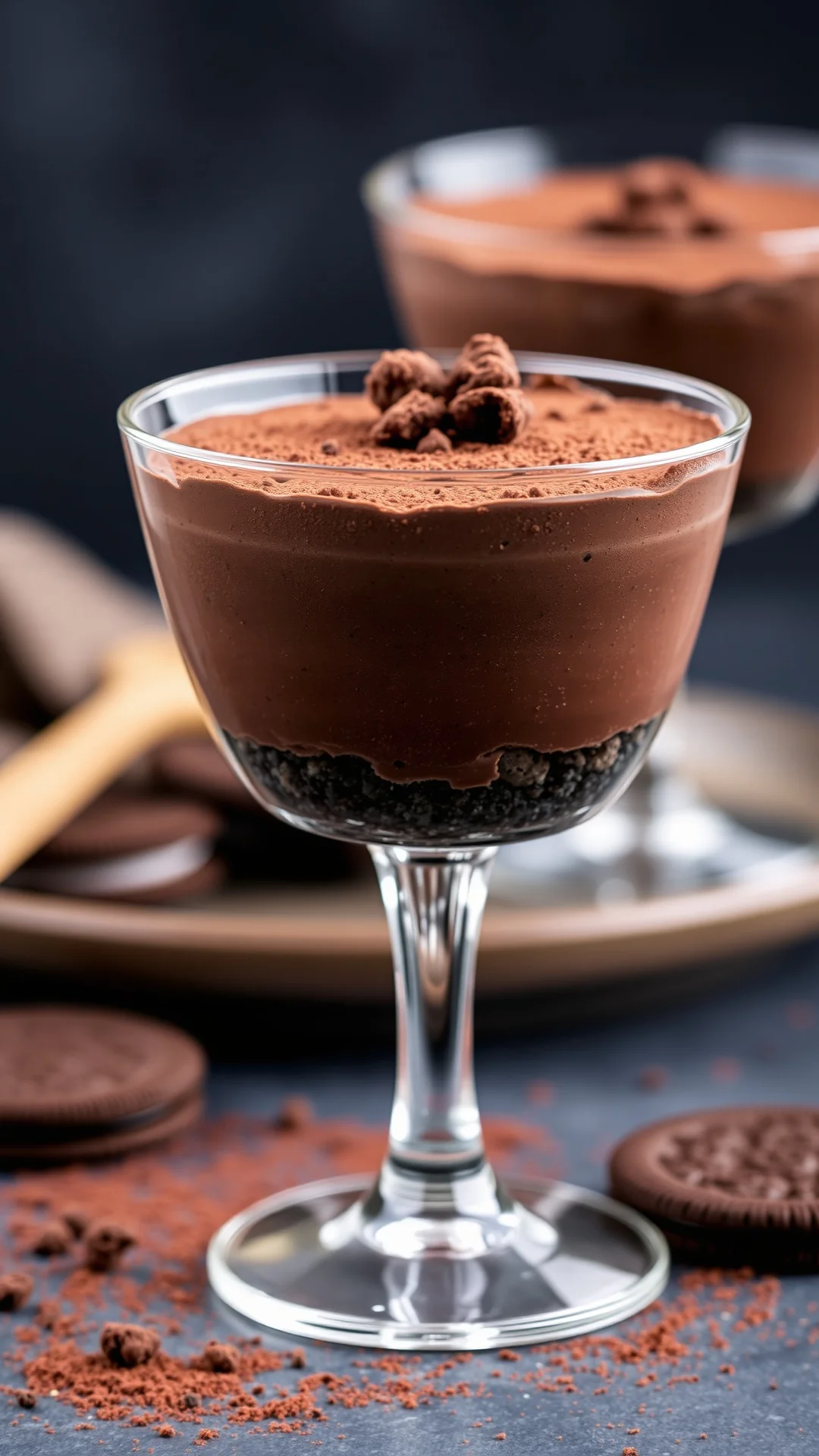 Portrait food photo of dark chocolate cheesecake in elegant glass, cocoa dusting, Oreo crumb base, rich and indulgent, moody