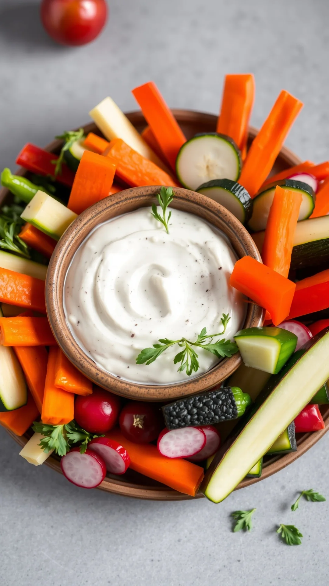 Portrait shot of creamy tzatziki dip in rustic bowl surrounded by colorful fresh vegetable crudites, carrots radishes zucchin